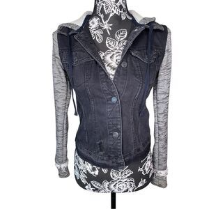 Mudd Black Denim Colorblock Hooded Jean Jacket Distressed Sweater Sleeve Grunge